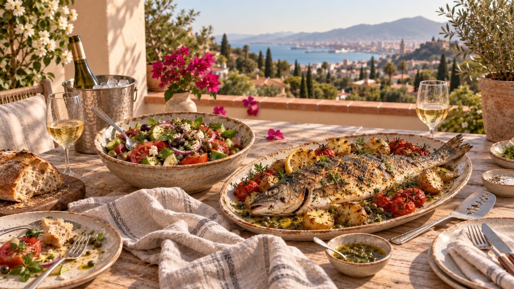 Whole grilled sea bass dining on a sunlit Málaga terrace overlooking the Mediterranean sea with white wine and bougainvillea