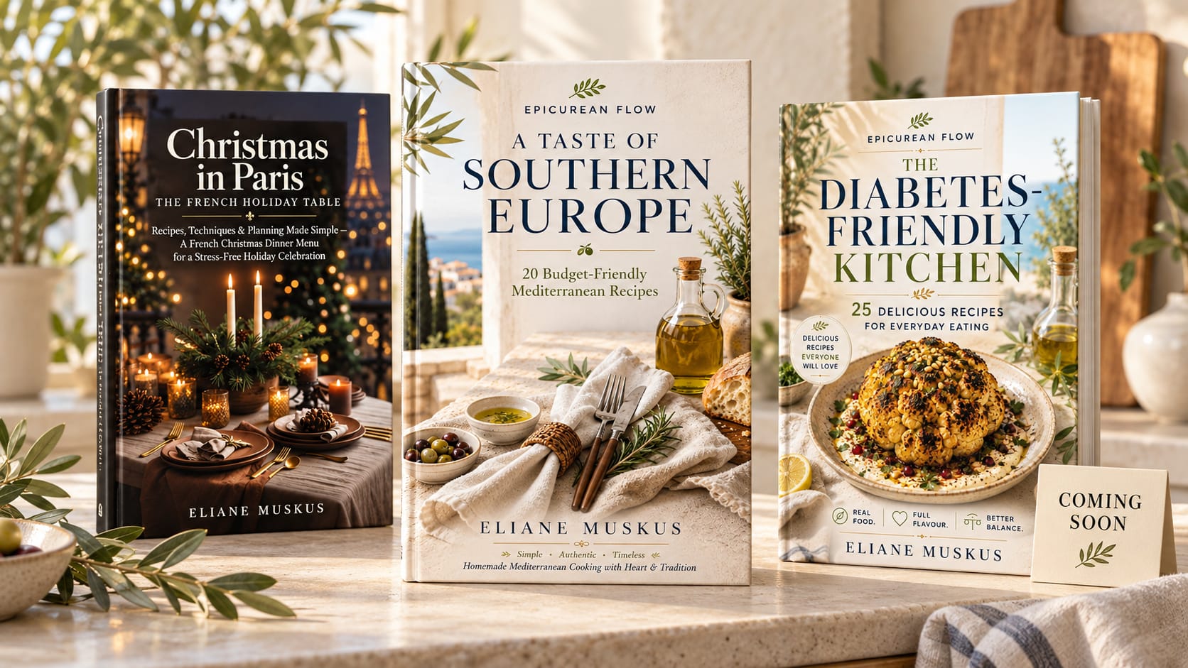 Curated Cookbooks collection by Chef Eliane Muskus featuring Christmas in Paris, A Taste of Southern Europe, and The Diabetes-Friendly Kitchen